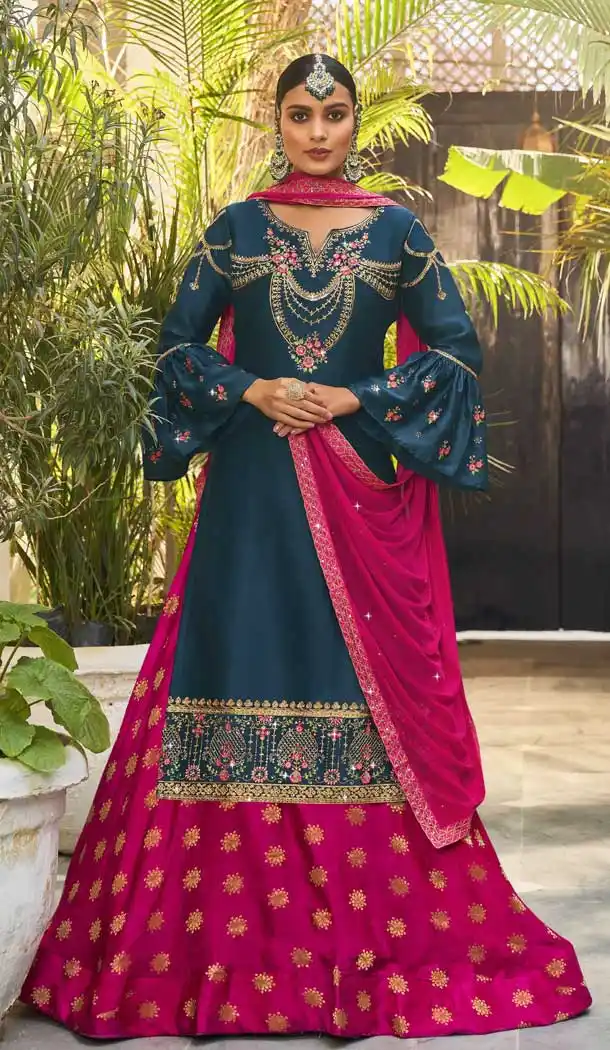 Teal Color Georgette Satin Designer Party Wear Lehenga Salwar Suit- 2801142176