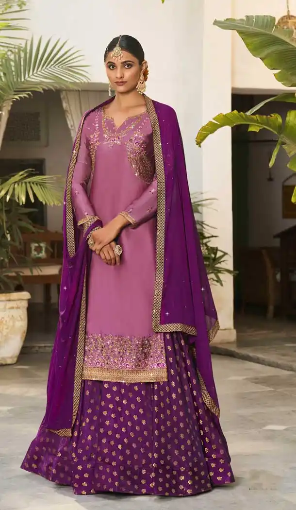 Lavender Pink Color Georgette Satin Designer Party Wear Lehenga Salwar Suit- 2801142177