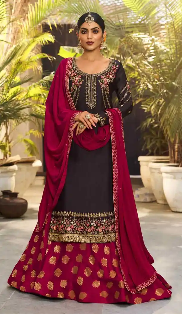 Dark Brown Color Georgette Satin Designer Party Wear Lehenga Salwar Suit- 2801142178
