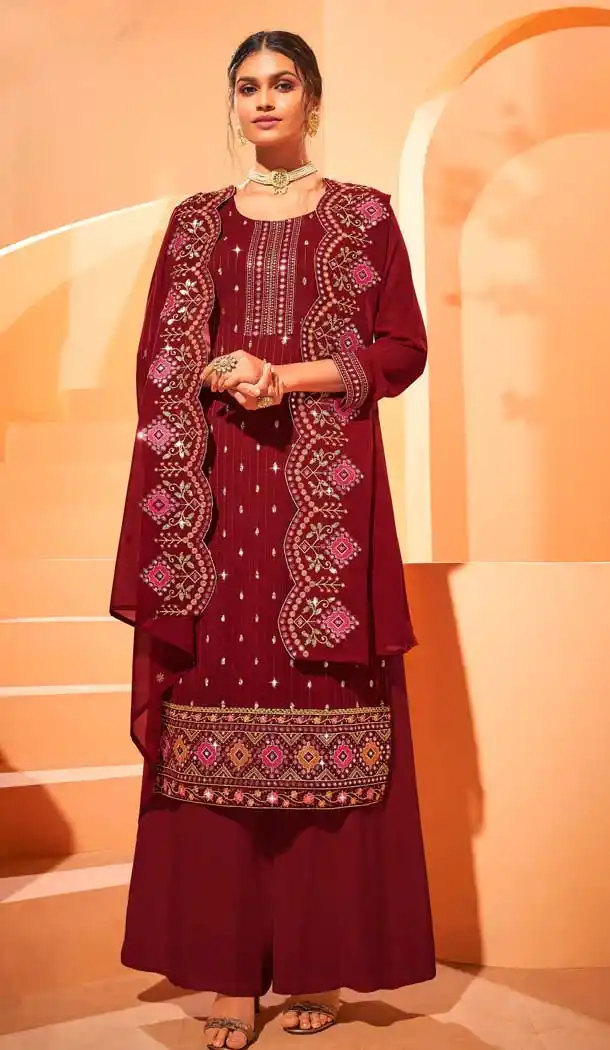 Maroon Color Georgette Casual Eid Special Evening Wear Palazzo Suit- 2805142266