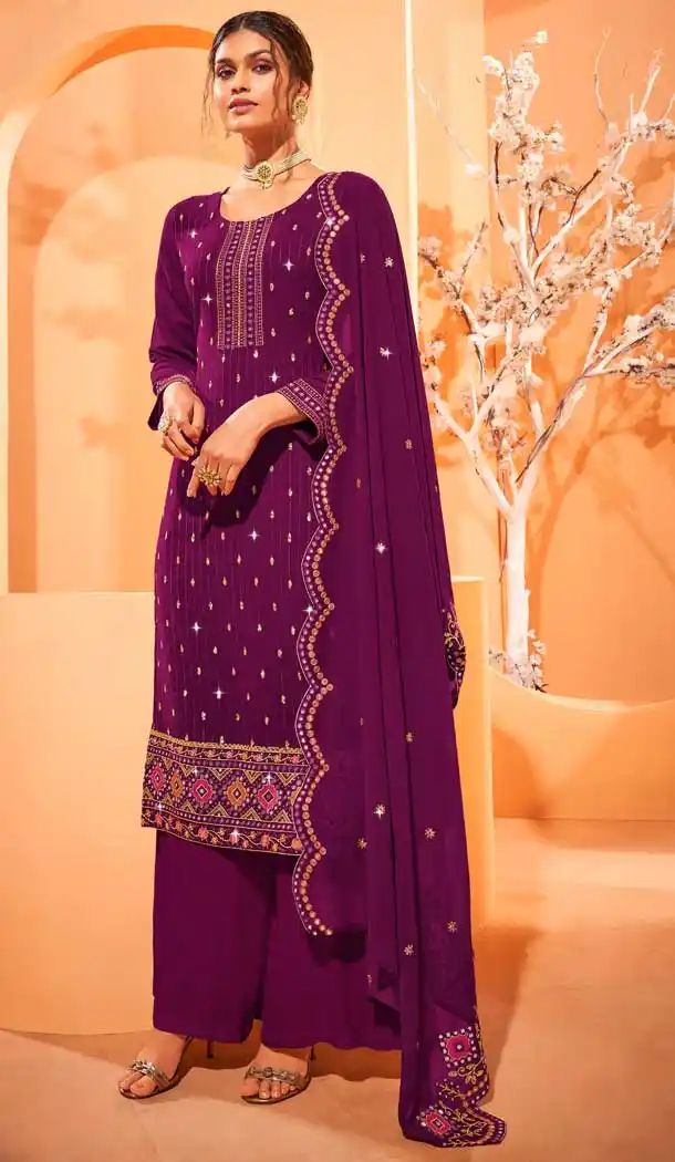 Purple Color Georgette Casual Eid Special Evening Wear Palazzo Suit- 28051422668