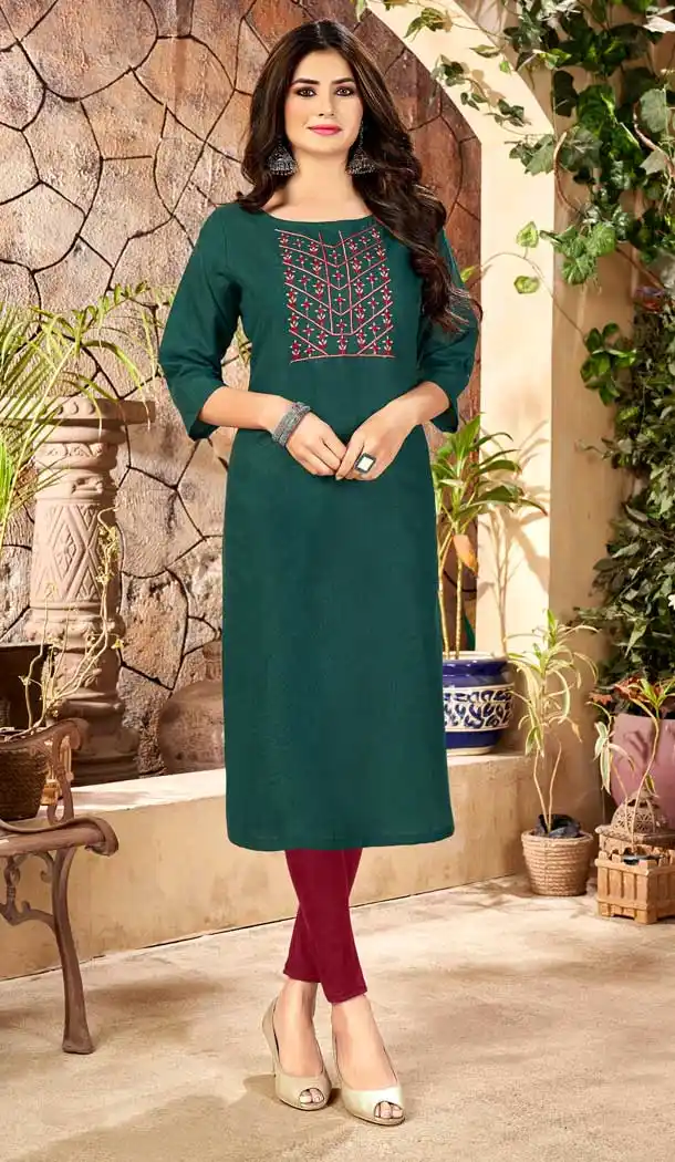 Green Color Handloom Slub Cotton Casual Office Wear Kurti - 2807142274