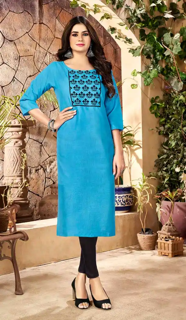 Sky Blue Color Handloom Slub Cotton Casual Office Wear Kurti - 2807142276