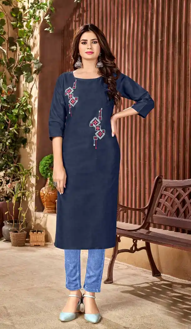 Navy Blue Color Handloom Slub Cotton Casual Office Wear Kurti - 2807142277