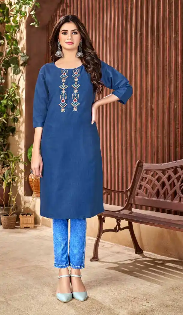 Blue Color Handloom Slub Cotton Casual Office Wear Kurti - 2807142279