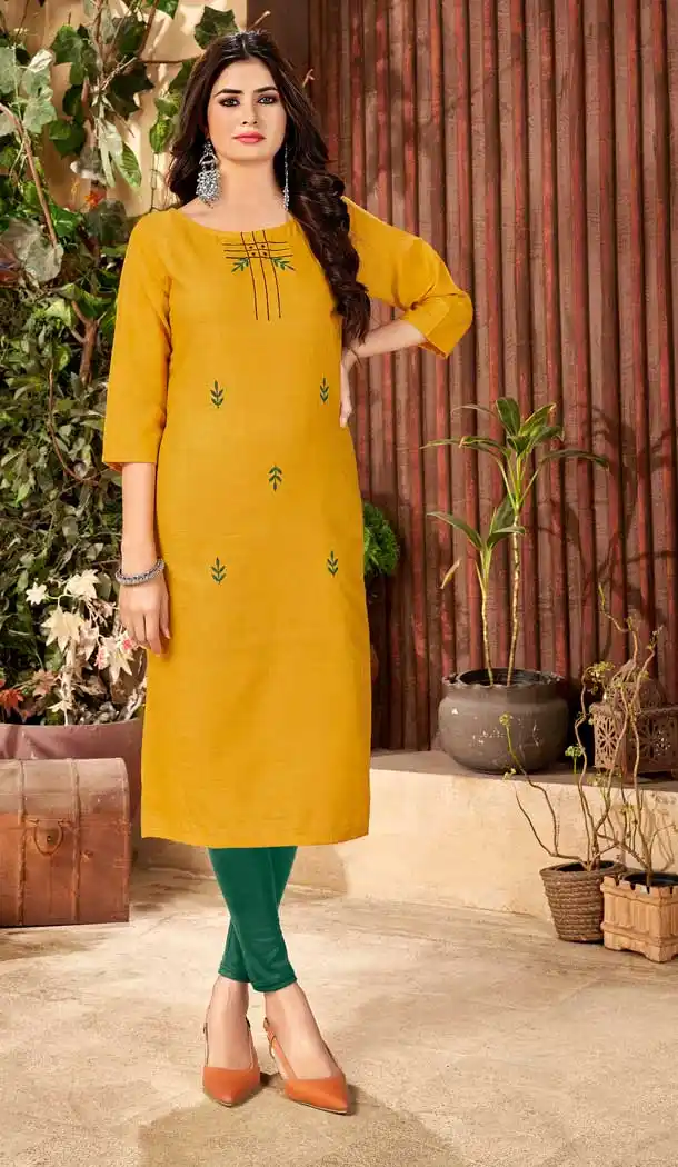 Mustard Color Handloom Slub Cotton Casual Office Wear Kurti - 2807142281