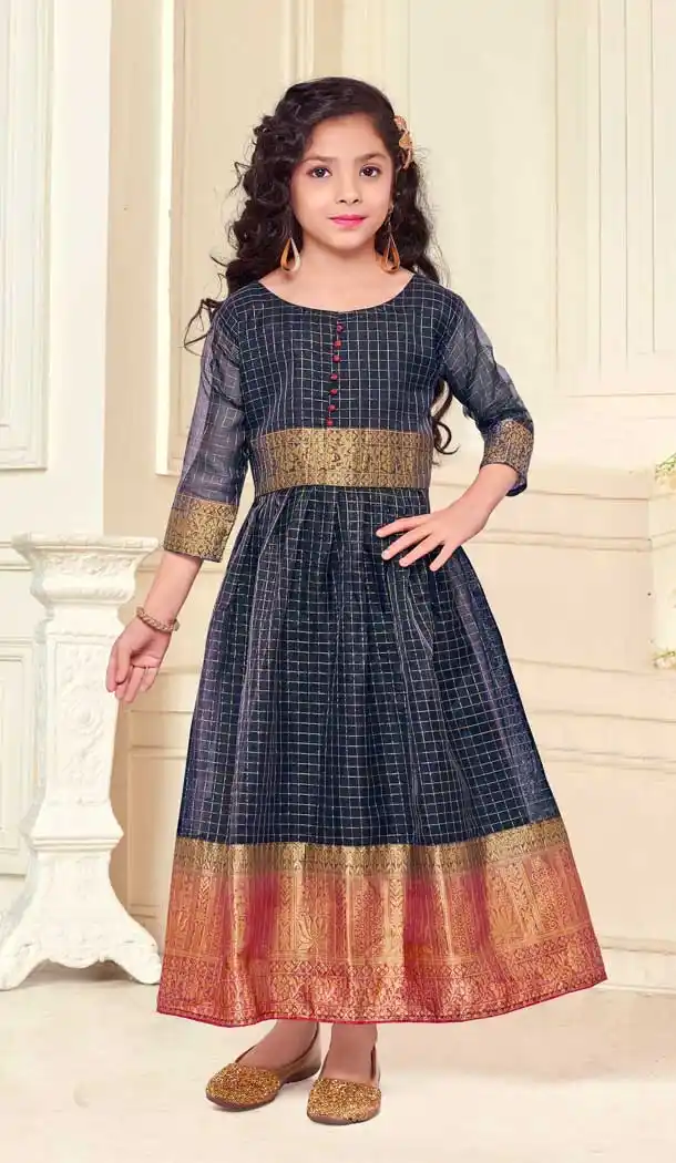 Navy Blue Color Organza Silk Party Wear Readymade Kids Gown -2808142284