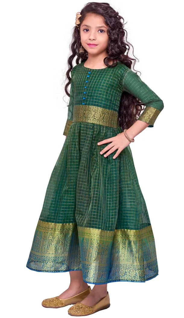 Green Color Organza Silk Party Wear Readymade Kids Gown -2808142285