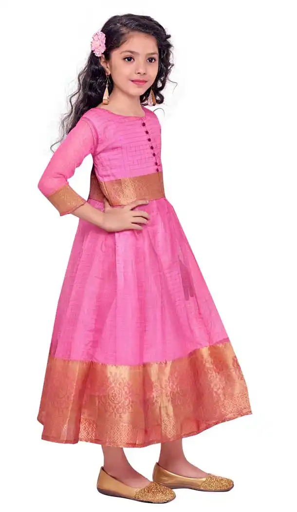 Pretty Pink Color Organza Silk Party Wear Readymade Kids Gown -2808142287