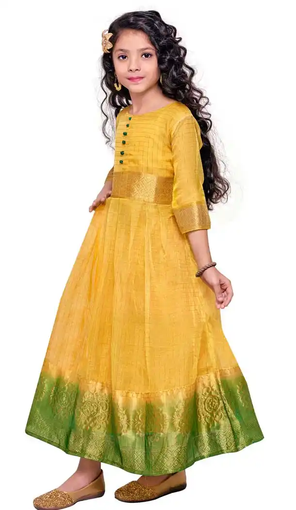 Ethinic Yellow Color Organza Silk Party Wear Readymade Kids Gown -2808142288