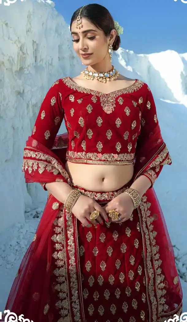 Red Color Velvet Embroidery & Diamond Work Bridal Wear Lehenga Choli -2815142351