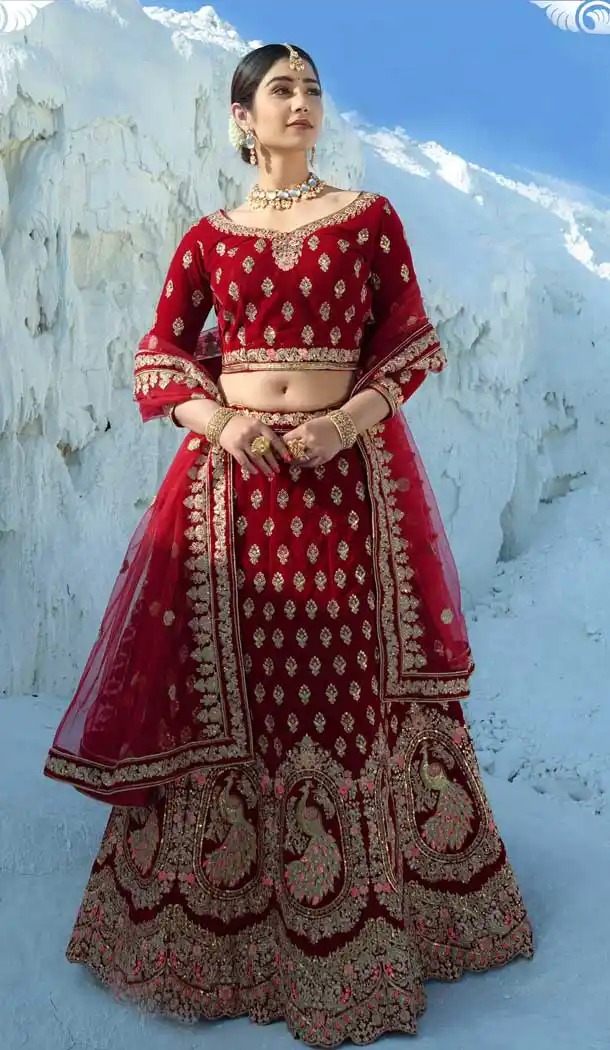 Red Color Velvet Embroidery & Diamond Work Bridal Wear Lehenga Choli -2815142351