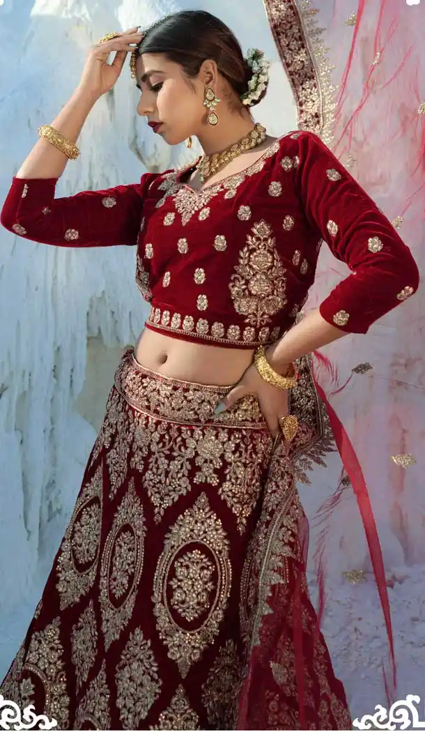Elegant Maroon Color Velvet Embroidery & Diamond Work Bridal Wear Lehenga Choli -2815142352
