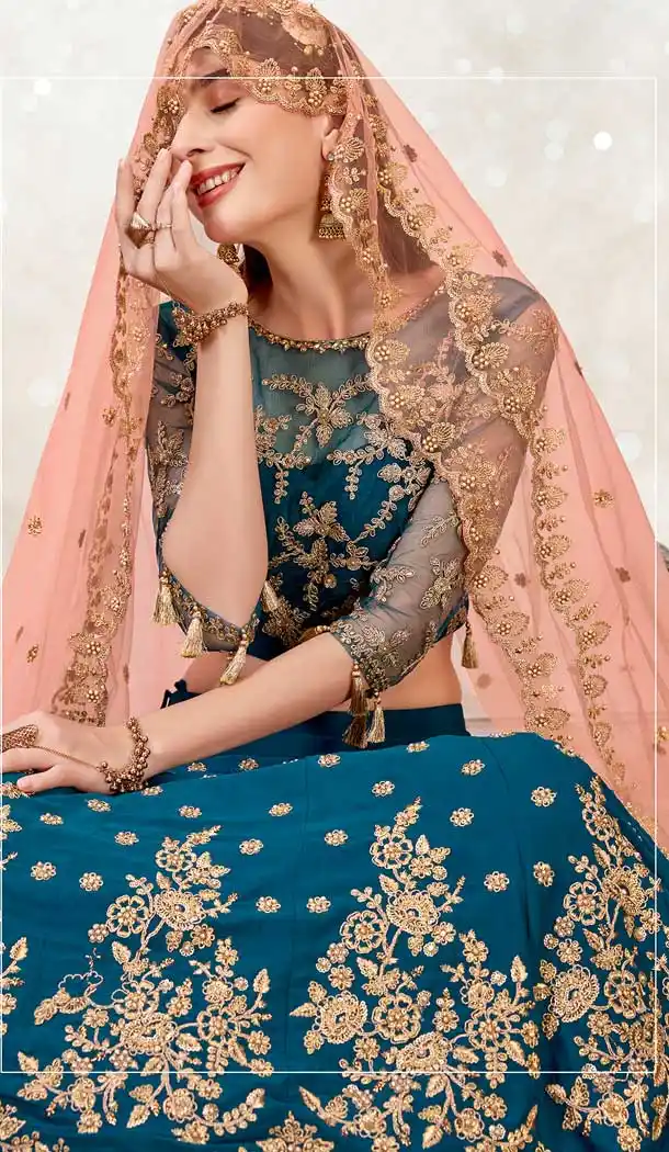 Teal Blue Color Satin Silk Designer Traditional Wear Lehenga Choli -2864142823