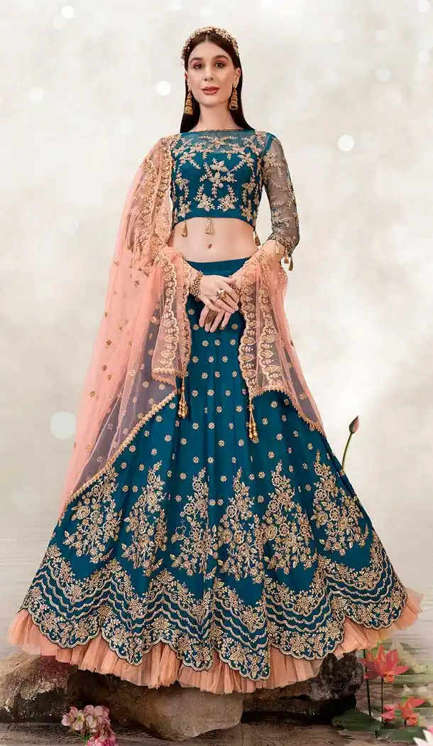 Teal Blue Color Satin Silk Designer Traditional Wear Lehenga Choli -2864142823