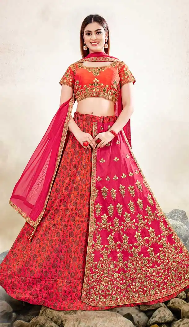 Orange & Pink Color Raw Silk Designer Traditional Wear Lehenga Choli -2864142826