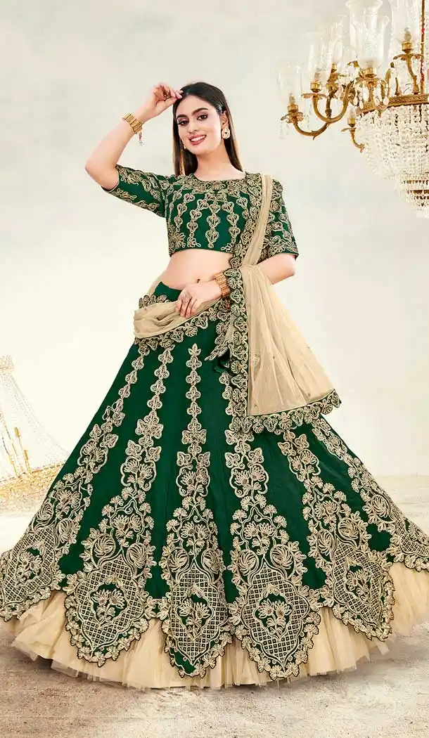Green Color Satin Silk Designer Traditional Wear Lehenga Choli -2864142832