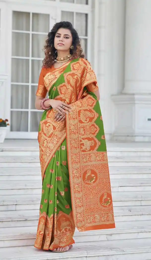 Green Color Banarasi Silk Traditional Party Wear Saree - 2868142859