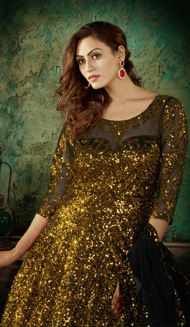 Golden Color Net Designer Party Wear Gown Dress - 2869142867