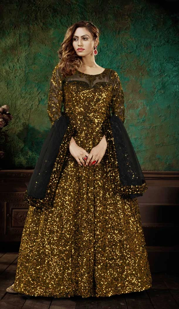 Golden Color Net Designer Party Wear Gown Dress - 2869142867
