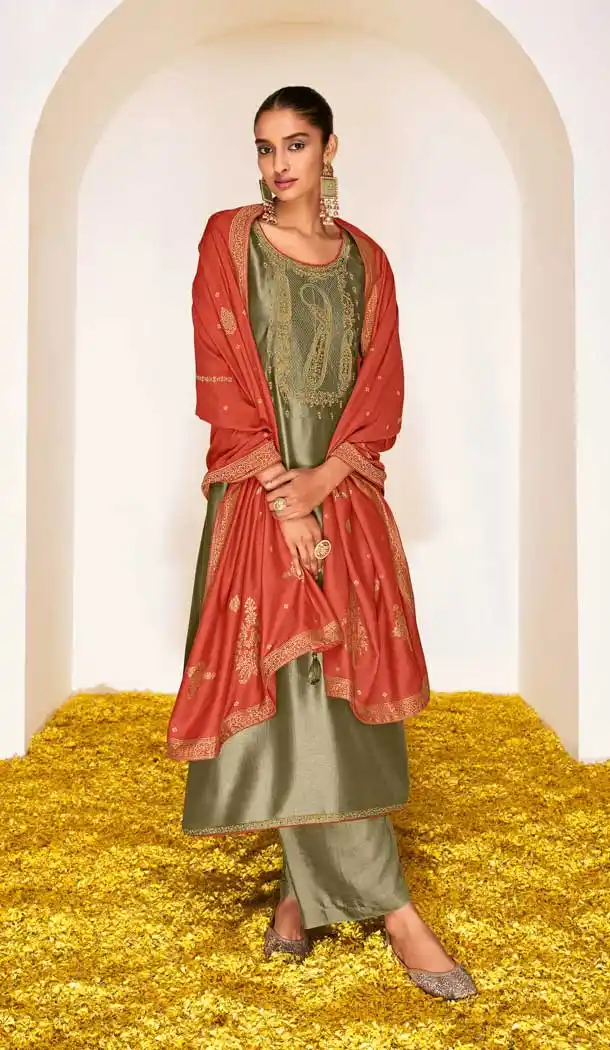 Olive Green Color Dream Silk Casual Pakistani Style Evening Wear Palazzo Suit- 2840142631