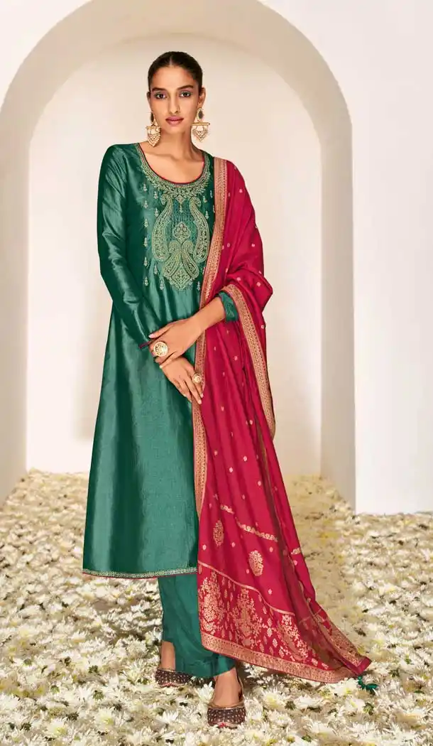 Rama Green Color Dream Silk Casual Pakistani Style Evening Wear Palazzo Suit- 2840142632