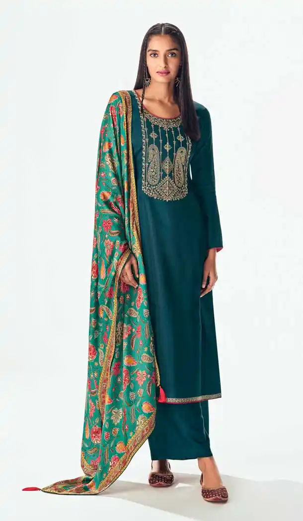 Teal Color Premium Tussah Silk Evening Party Wear Palazzo Suit- 2844142657