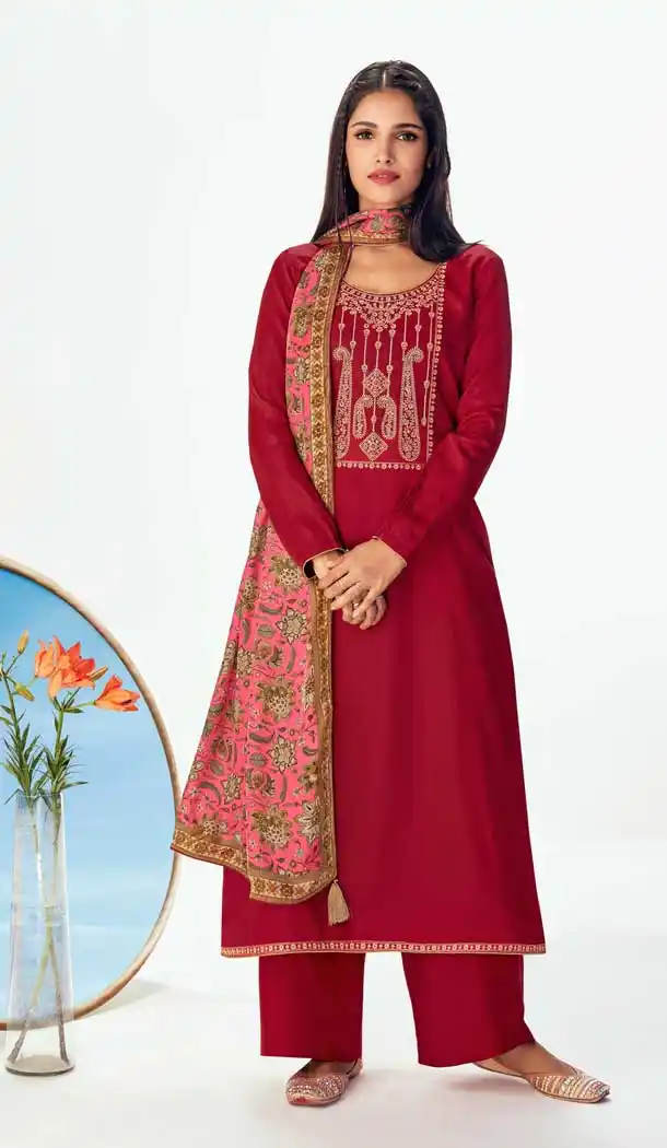 Maroon Color Premium Tussah Silk Evening Party Wear Palazzo Suit- 2844142658