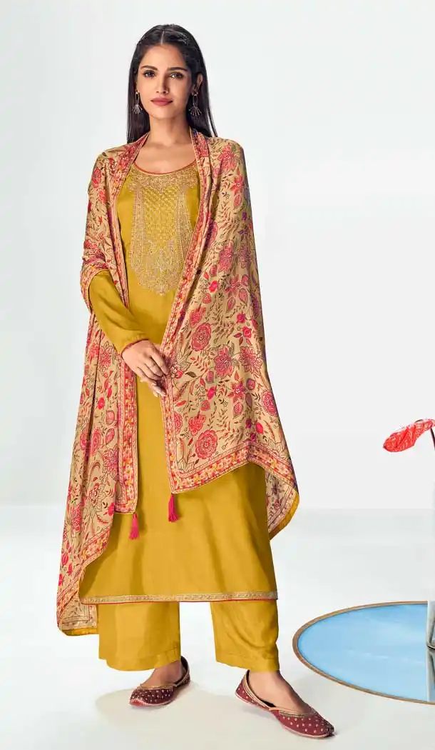 Yellow Color Premium Tussah Silk Evening Party Wear Palazzo Suit- 2844142659