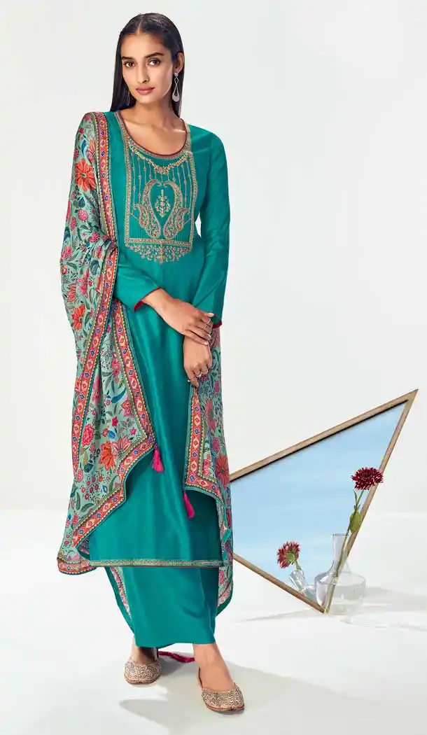 Sky Blue Color Premium Tussah Silk Evening Party Wear Palazzo Suit- 2844142660