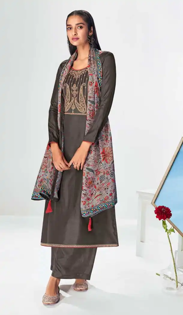 Dark Brown Color Premium Tussah Silk Evening Party Wear Palazzo Suit- 2844142662