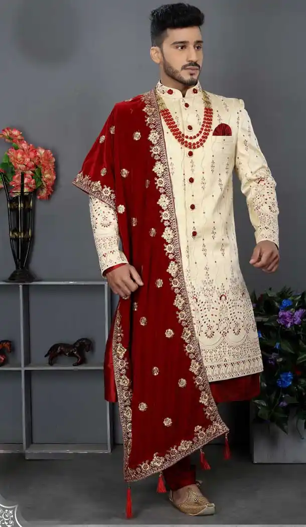 Creme Color Jacquard Art Silk Designer Men's Wedding Wear Sherwani - 2802142179