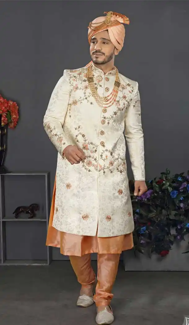 White Color Jacquard Art Silk Designer Men's Wedding Wear Sherwani - 2802142180