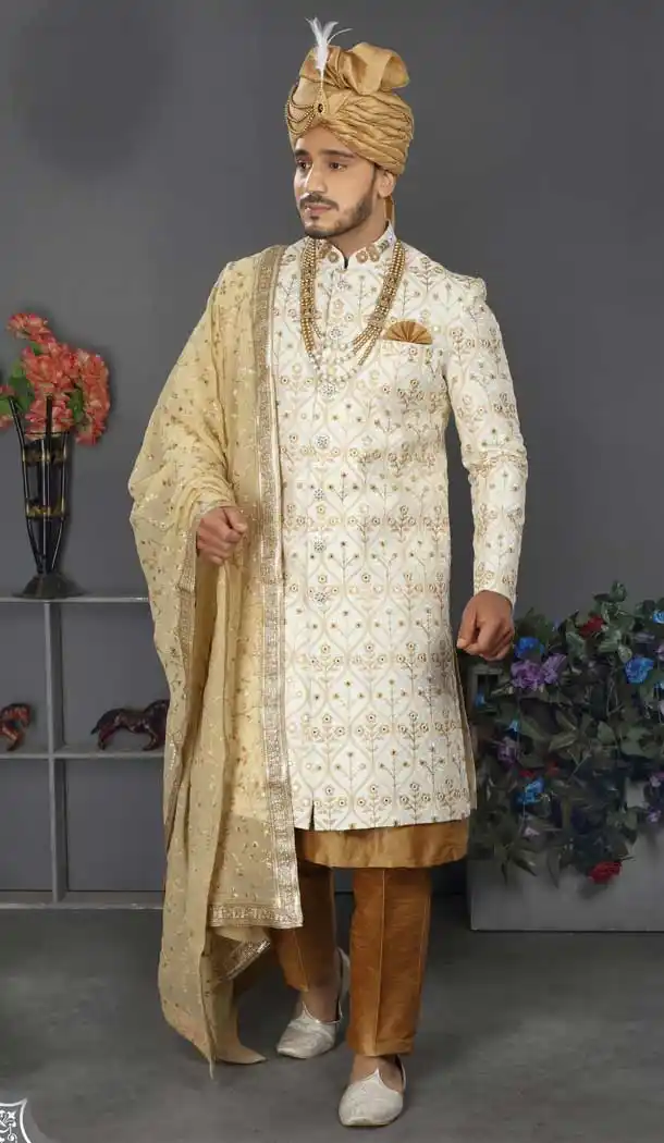 Stunning White Color Jacquard Art Silk Designer Men's Wedding Wear Sherwani - 2802142181