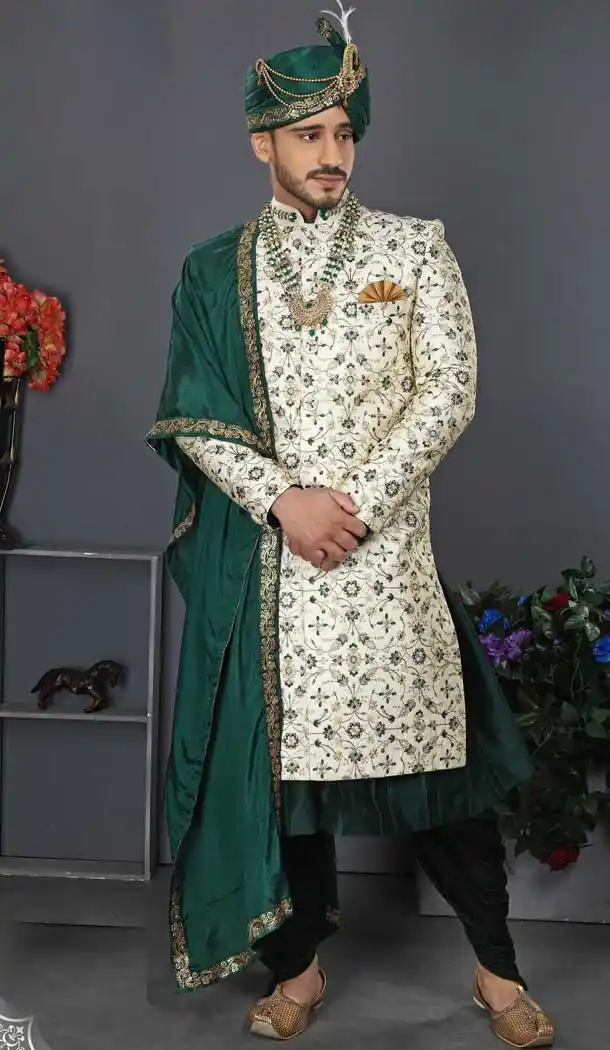 Amazing White Color Jacquard Art Silk Designer Men's Wedding Wear Sherwani - 2802142182
