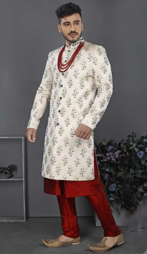 Dazzling White Color Jacquard Art Silk Designer Men's Wedding Wear Sherwani - 2802142183