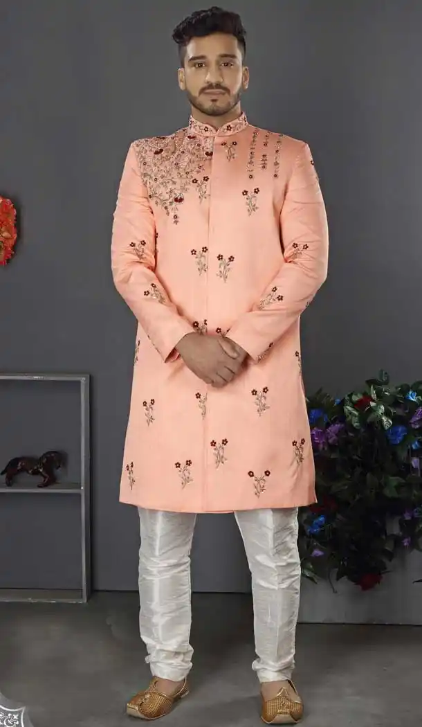 Peach Color Jacquard Art Silk Designer Men's Wedding Wear Sherwani - 2802142185