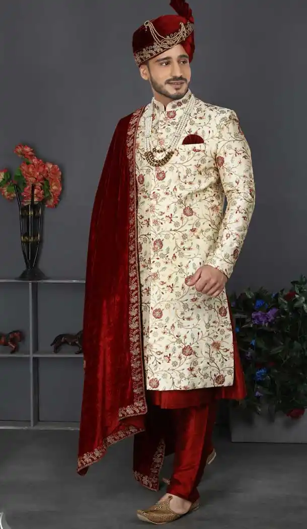 Deep Cream Color Lakhnowi Silk Designer Men's Wedding Wear Sherwani - 2802142186