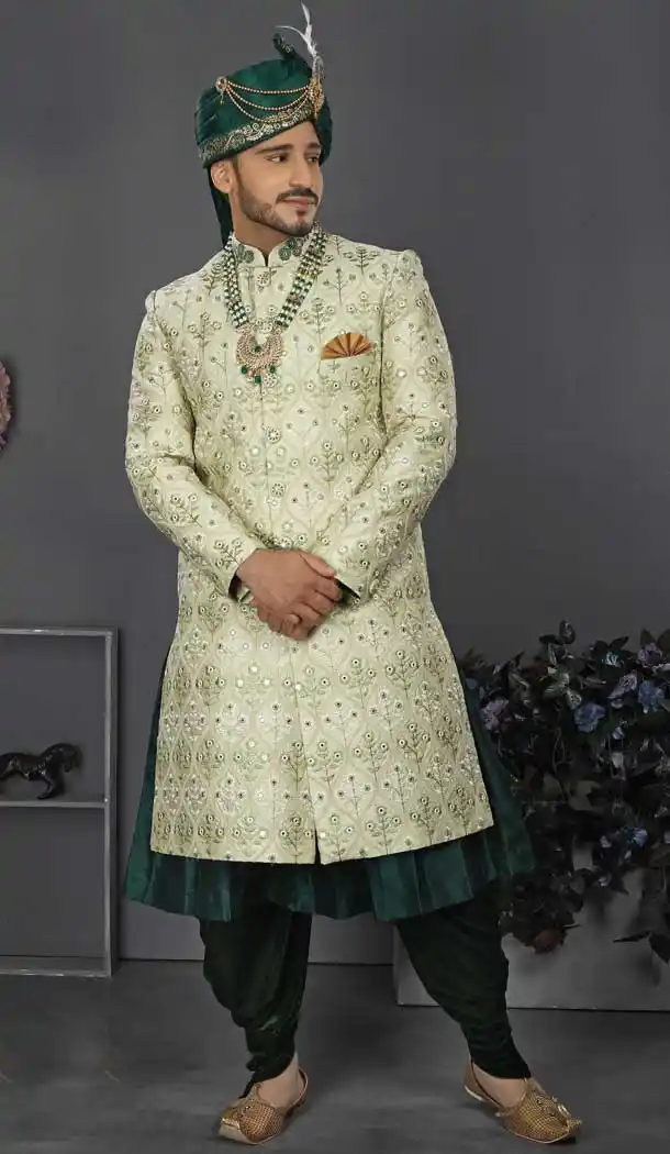 Pista Color Lakhnowi Silk Designer Men's Wedding Wear Sherwani - 2802142187