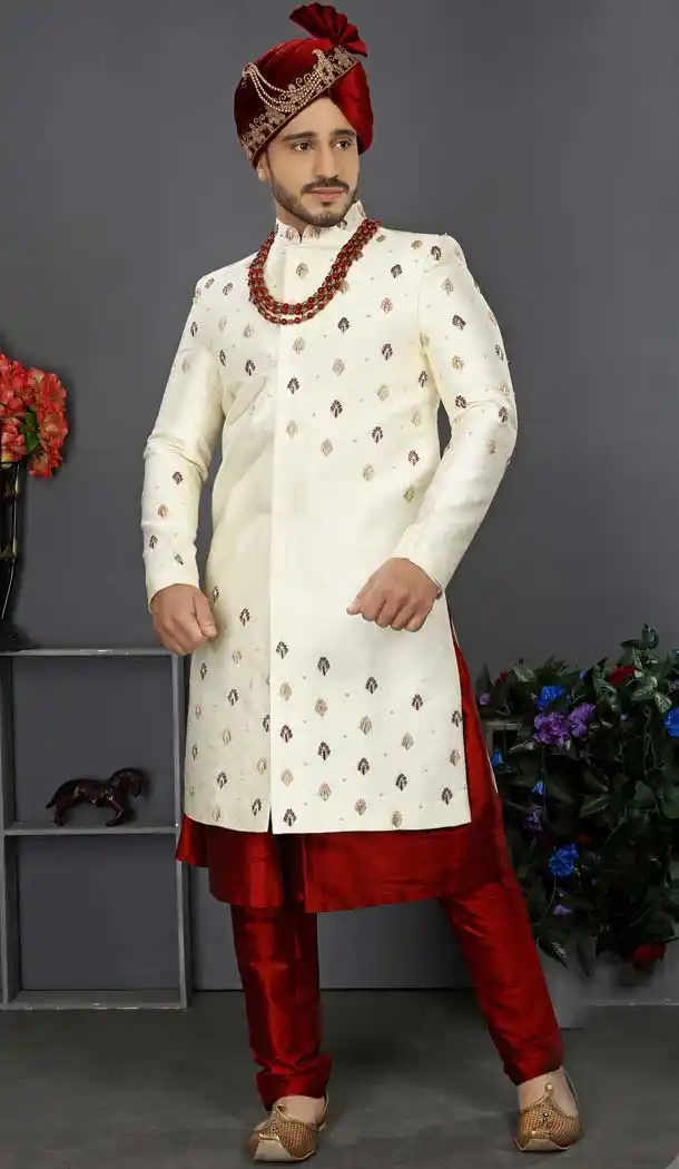 Charming Cream Color Jacquard Art Silk Designer Men's Wedding Wear Sherwani - 2802142188