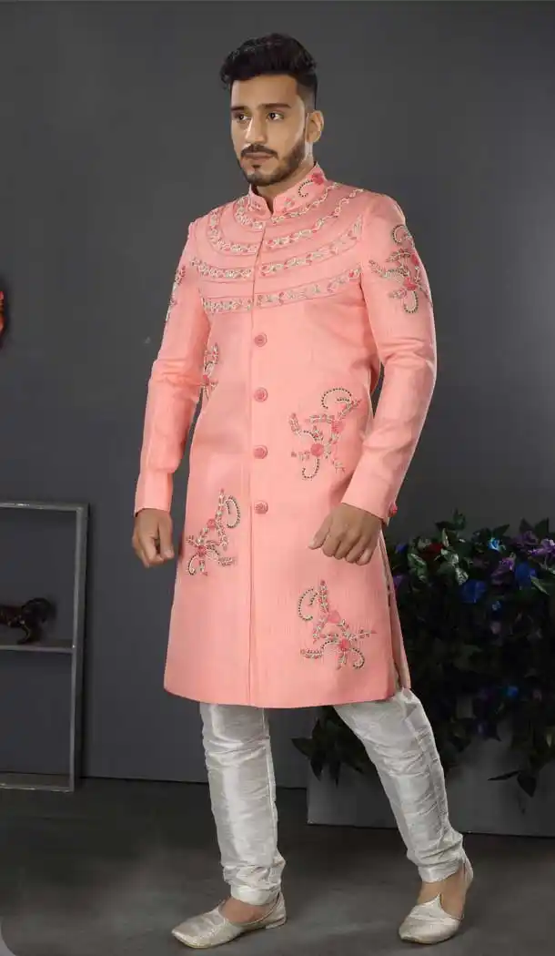 Pink Color Lakhnowi Silk Designer Men's Wedding Wear Sherwani - 2802142190