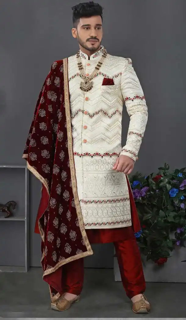 Dashing White Color Lakhnowi Silk Designer Men's Wedding Wear Sherwani - 2802142192