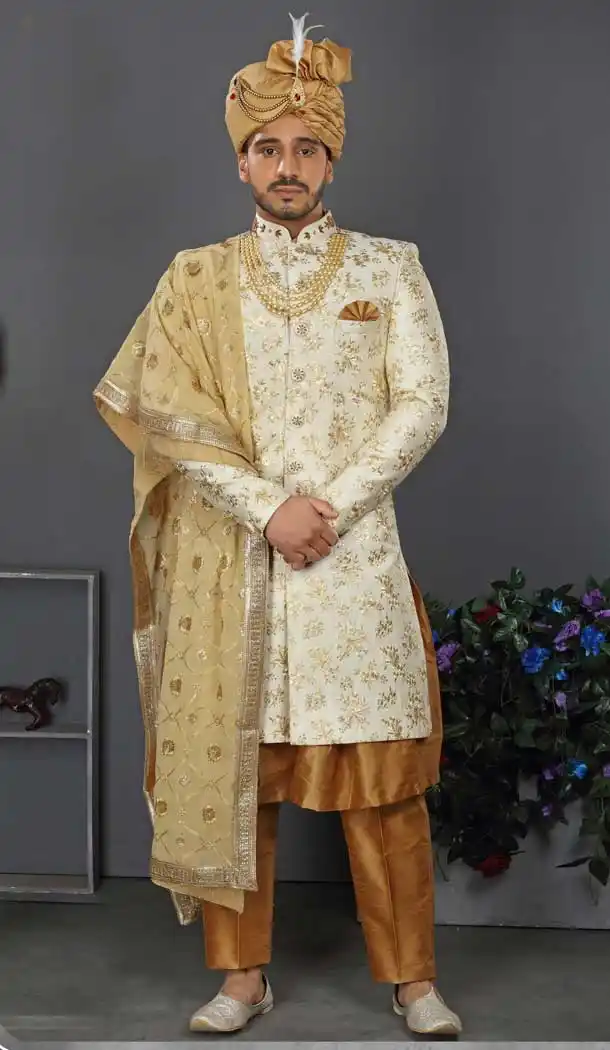 Dashing Cream Color Lakhnowi Silk Designer Men's Wedding Wear Sherwani - 2802142193