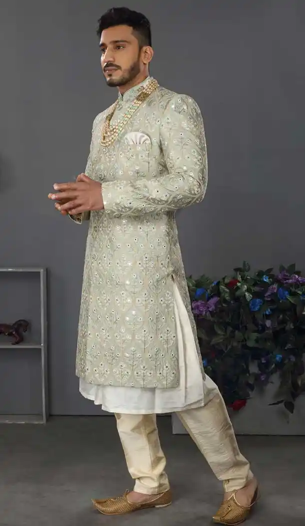 Gray Color Lakhnowi Silk Designer Men's Wedding Wear Sherwani - 2802142194