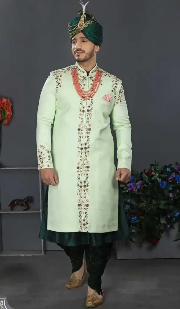Amazing Pista Color Lakhnowi Silk Designer Men's Wedding Wear Sherwani - 2802142195