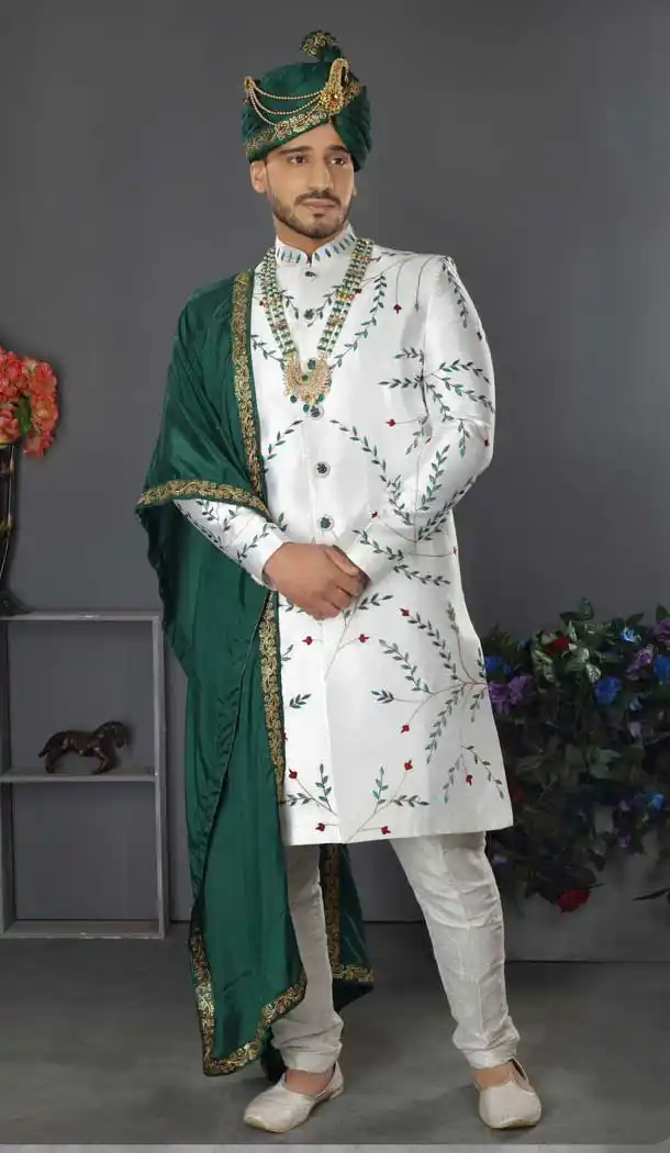 Sunshine White Color Lakhnowi Silk Designer Men's Wedding Wear Sherwani - 2802142196