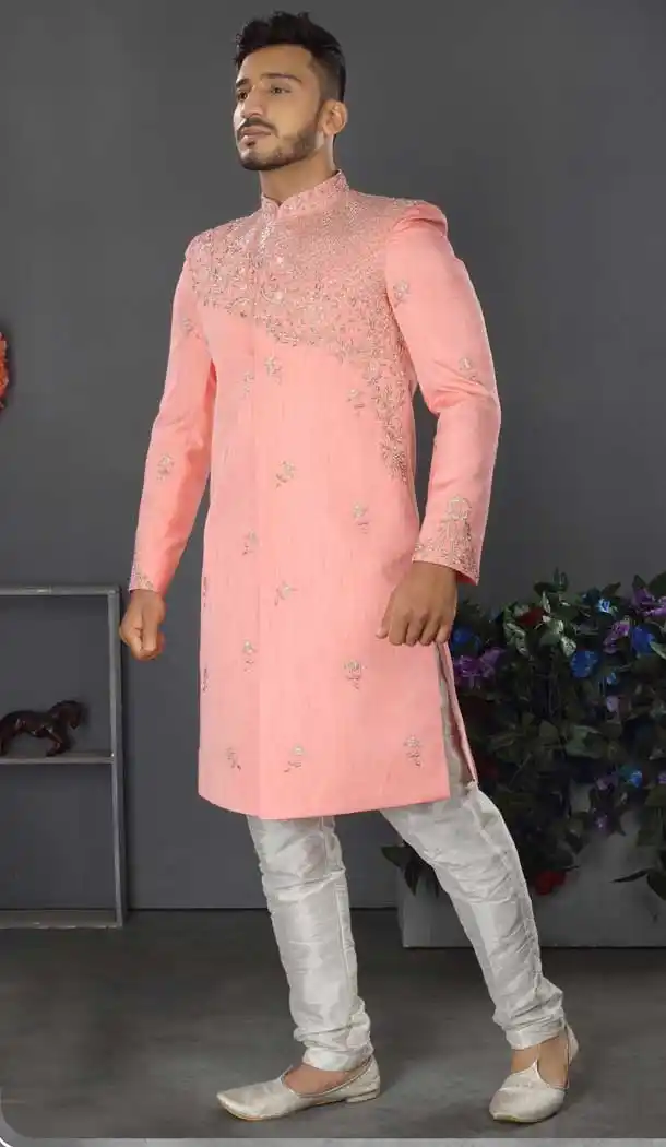 Pretty Pink Color Lakhnowi Silk Designer Men's Wedding Wear Sherwani - 2802142197