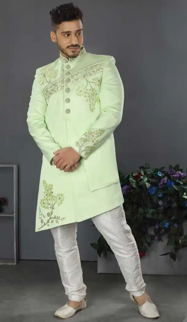 Pretty Pista Color Lakhnowi Silk Designer Men's Wedding Wear Sherwani - 2802142198