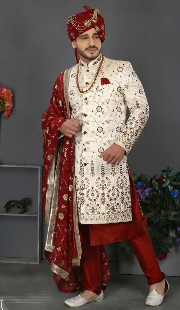 Pretty Cream Color Lakhnowi Silk Designer Men's Wedding Wear Sherwani - 2802142199