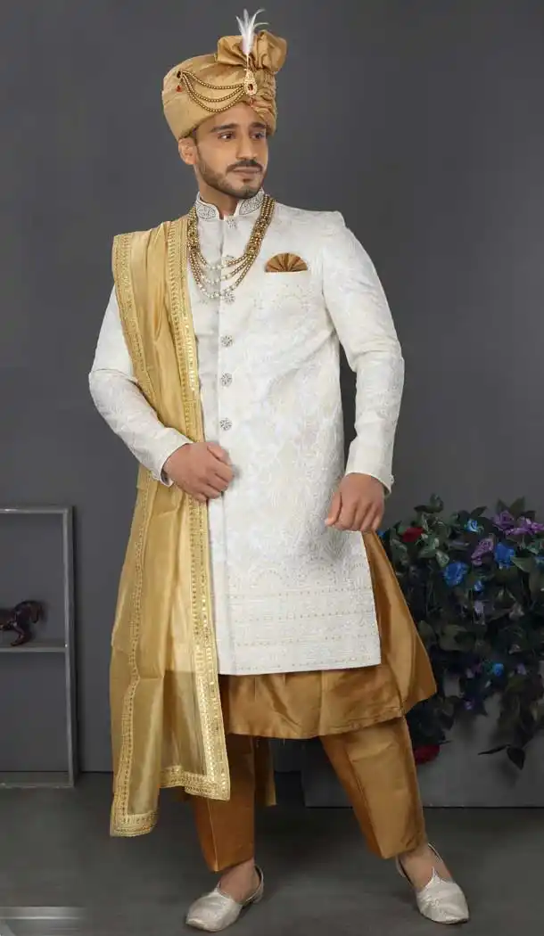 Charming White Color Lakhnowi Silk Designer Men's Wedding Wear Sherwani - 2802142200